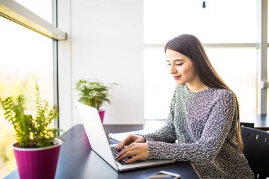 Modern iç otururken mesafe iş için dizüstü bilgisayar kullanan genç çekici kadın serbest meslek.