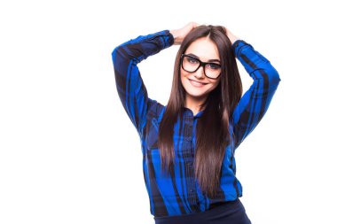 Beyaz arka plan üzerinde başına iş kadın portre ile eller