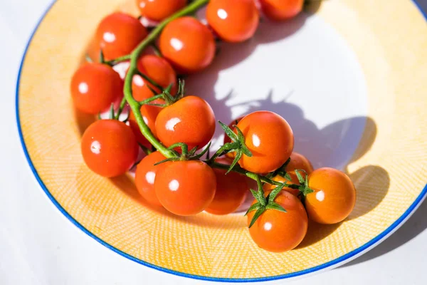 Тарілка з вишневими помідорами ізольована на білому — стокове фото