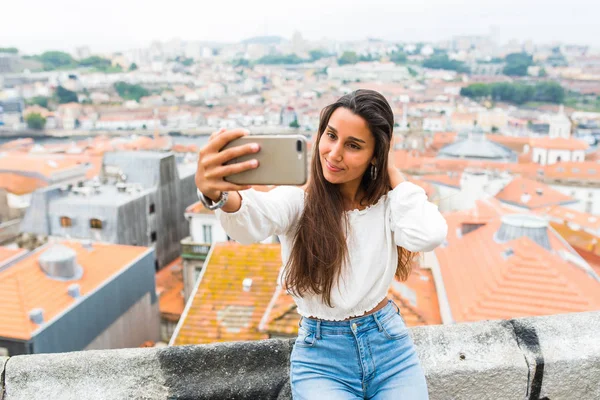 Young Beautiful Woman Tourists take selfie in view point of Porto, Portugal — Stock Photo, Image