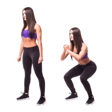 Spor güzellik kadın fitness egzersizleri beyaz arka plan üzerinde mekik yapmak. Kadın göstermek başlar ve biter egzersizleri. Fitness alıştırmalar