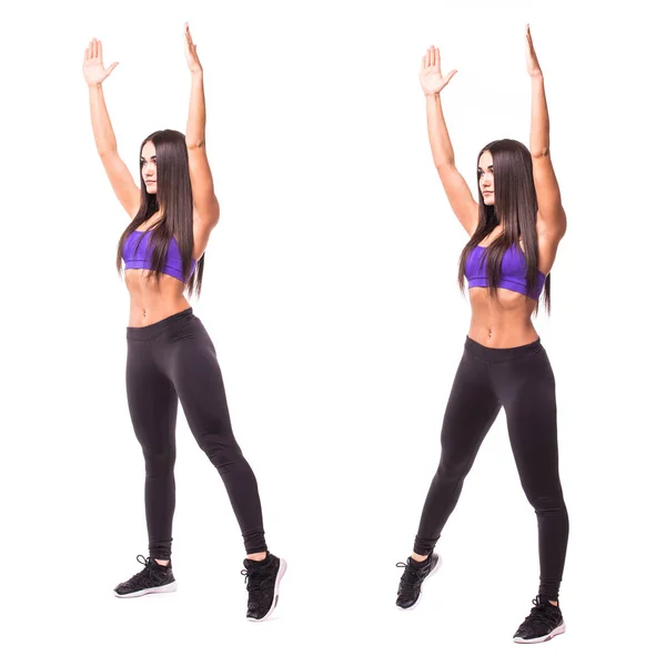 Γυναίκα ομορφιά άθλημα κάνει ασκήσεις γυμναστικής γρύλοι άλματος σε άσπρο φόντο. Γυναίκα αποδεικνύουν αρχίζουν και τελειώνουν ασκήσεων. Σύνολο ασκήσεων γυμναστικής — Φωτογραφία Αρχείου