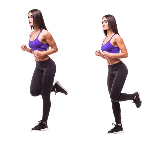 Concept of healthy lifestyle. Sport beauty woman do running fitness exercises on white background. Woman demonstrate begin and end of exercises. — Stock Photo, Image