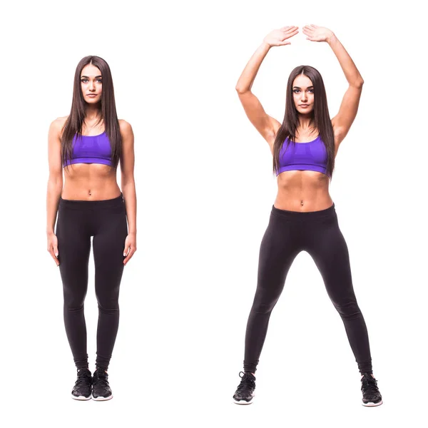 Spor güzellik kadın beyaz arka plan üzerinde havaya kaldırarak zıplattılar fitness egzersizleri yapın. Kadın göstermek başlar ve biter egzersizleri. Fitness alıştırmalar