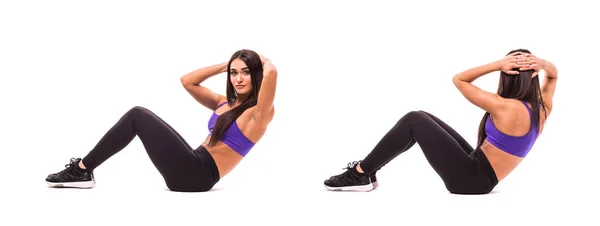 Concept of healthy lifestyle in set. Sport beauty woman do crunches fitness exercises on white background. Woman demonstrate begin and end of exercises. — Stock Photo, Image