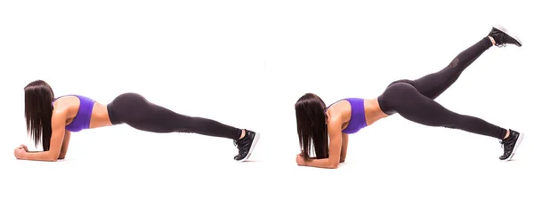 Begreppet hälsosam livsstil i set. Sport skönhet kvinna planka fitnessövningar på vit bakgrund. Kvinna visar börja och avsluta av övningar. — Stockfoto