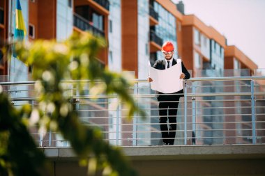 Handome adam sitesi yüklenici mühendis kask mavi holding ile inşaat alanında kağıt yürüyüş yazdırmak, arka plan vinç.