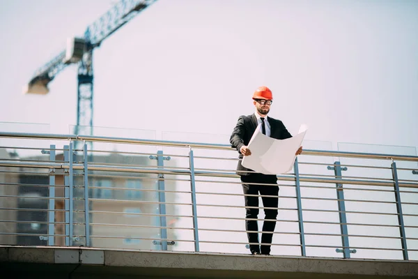 Şantiye planı elinde tutan insanlar mühendislik danışmanlık yakışıklı adam. Bina müfettişi. Çizim inşaat site denetimi ve yeni binanın iş iş akışı