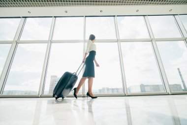 İş kadını havaalanında kapıya doğru yürümeye laggage çantalı