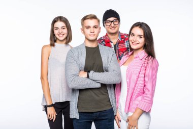 Dört saçak genç insanlar izole üzerinde beyaz zemin üzerine