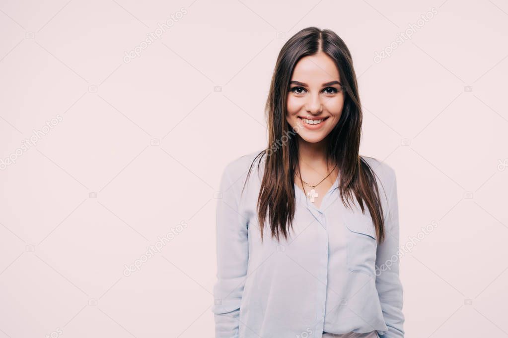 Portrait of smiling woman, isolated on white background