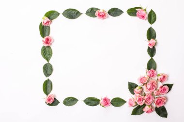 Yuvarlak kare, pembe ve bej gül yapılmış yeşil yaprakları, dalları, çiçek desenli beyaz arka plan üzerinde. Düz yatıyordu, en iyi görünüm. Valentine'nın arka plan