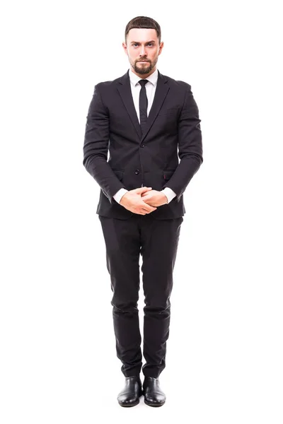 Confidence and charisma. Full length of smiling young bearded man in formalwear keeping hands crossed and looking at camera against white background — Stock Photo, Image