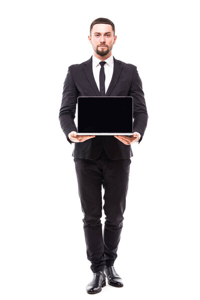 A business man presenting on a laptop on white background