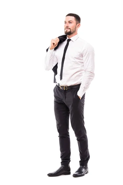 Retrato de um homem de negócios sorrindo com jaqueta sobre ombro no fundo branco — Fotografia de Stock