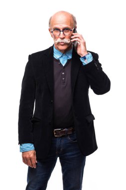 Portre portre üzgün, üzgün, depresif, endişeli komuta sizde, eski çalışanı, baba, Evet, işçi izole beyaz arka plan.