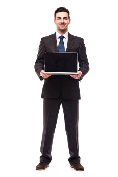 A business man presenting on a laptop on white background