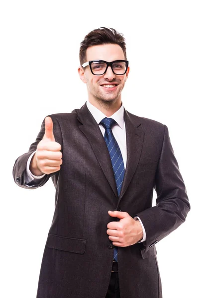 Feliz hombre de negocios mostrando su pulgar hacia arriba con sonrisa sobre fondo blanco — Foto de Stock