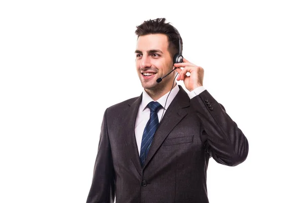 Fechar foto de bonito jovem sorrindo trabalhador confiante de call center isolado no fundo branco — Fotografia de Stock