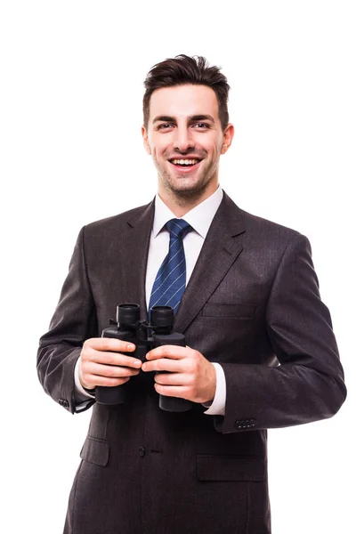 Jovem com binóculos isolados em branco — Fotografia de Stock