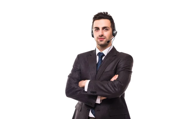 Operador de suporte ao cliente com fone de ouvido em branco — Fotografia de Stock