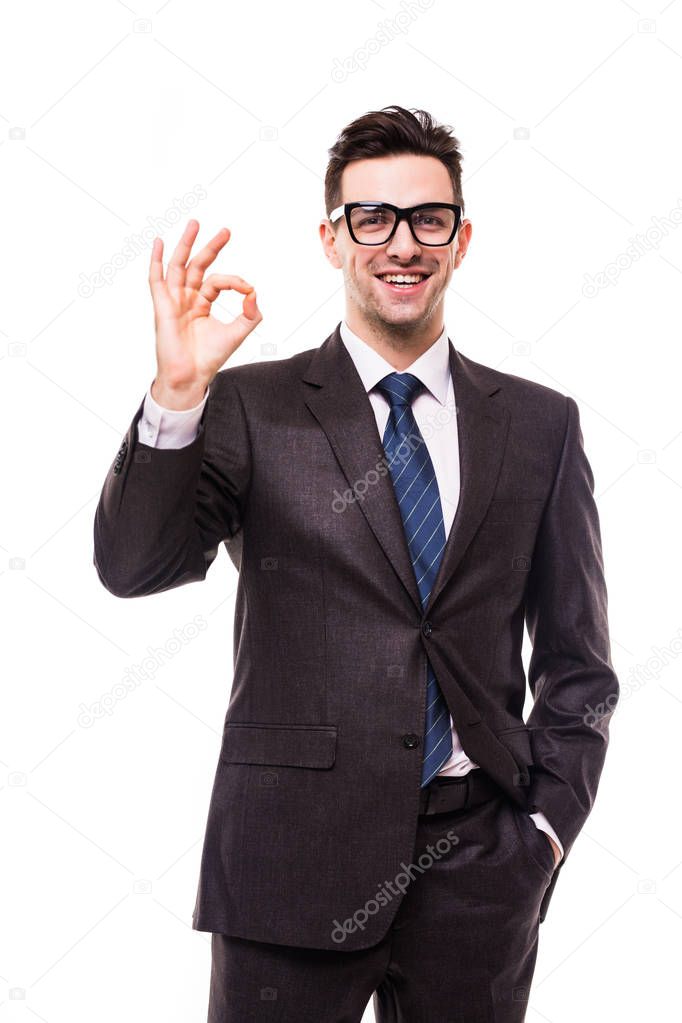 Happy businessman man okay sign portrait on white background