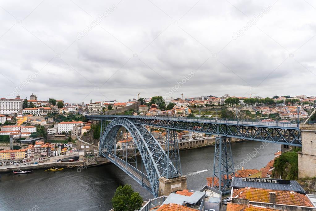 Porto, Portugal - July, 2017. Panoramic aerial view of Dom Luis Bridge in Porto in a beautiful summer day, Portugal