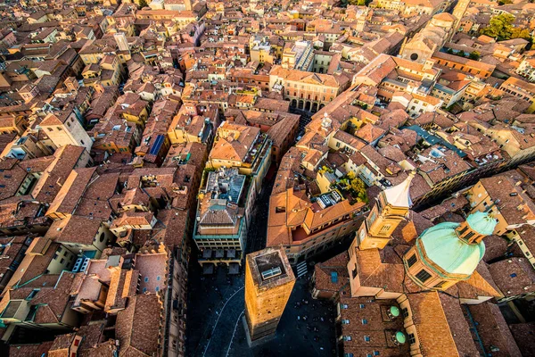 Aerial view of Bologna, Italy at sunset. Colorful sky over the historical city center and old buildings — Stock Photo, Image