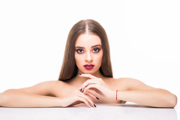 Beauty, people and bodycare concept -beautiful young woman face and hands over white background — Stock Photo, Image