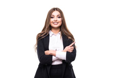 İşaret ve tarafına arayan bir kadın. Kopya alanı, rahat genç iş kadını miling.