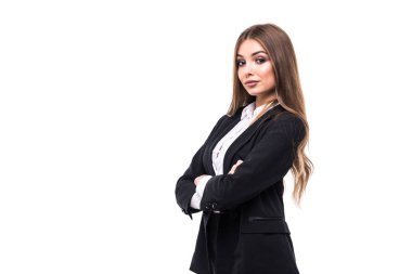 İş kadın portre beyaz arka plan üzerinde çapraz kolları olan