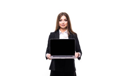 Başarılı iş kadını izole beyaz arka plan üzerinde duruyor.