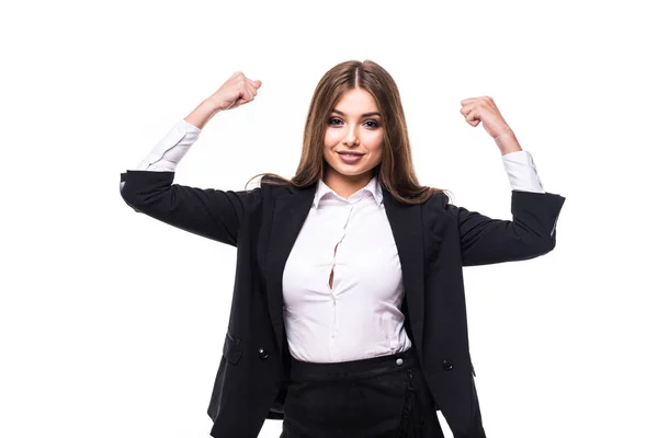 Gelukkig en succesvol zakenvrouw, ondernemer of financieel manager verhogen handen in de lucht op witte achtergrond — Stockfoto