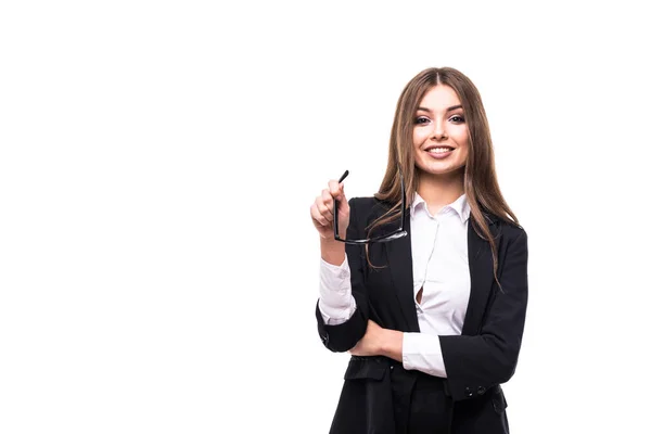 Schoonheid jonge zakenvrouw met een bril op witte achtergrond — Stockfoto