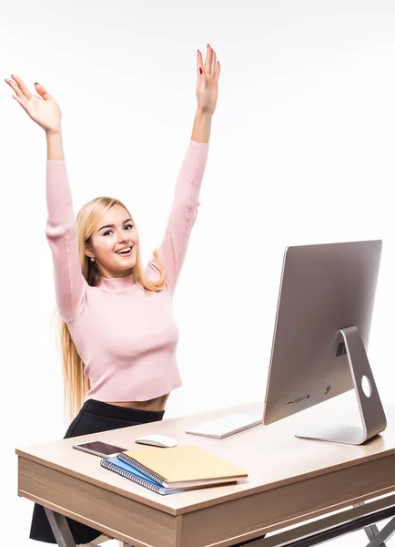 Feliz mujer de negocios en frente de la PC en aislado sobre fondo blanco — Foto de Stock