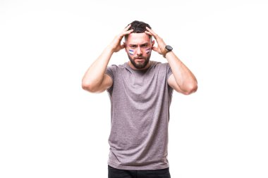 Arjantin kaybetmek. Mutsuz ve başarısız hedef veya beyaz arka plan üzerinde Arjantin Milli Takımı'nın oyun destekleyen Arjantin futbol fan oyun duygularını kaybetmek. Futbol hayranları kavramı.