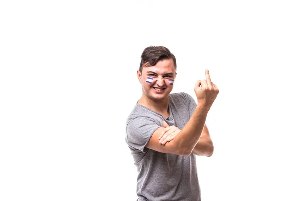 Brutal and angry huligan Argentina football fan in game supporting national team on white background. Football fans concept. — Stock Photo, Image