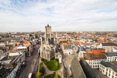 Ghent, Belçika - Kasım, 2017: Mimari Gent şehir merkezinin havadan görünümü. Ghent ortaçağ şehir ve Belçika turist varış noktası değil.