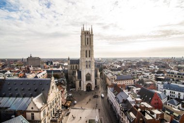 Ghent, Belçika - Kasım, 2017: Mimari Gent şehir merkezinin havadan görünümü. Ghent ortaçağ şehir ve Belçika turist varış noktası değil.