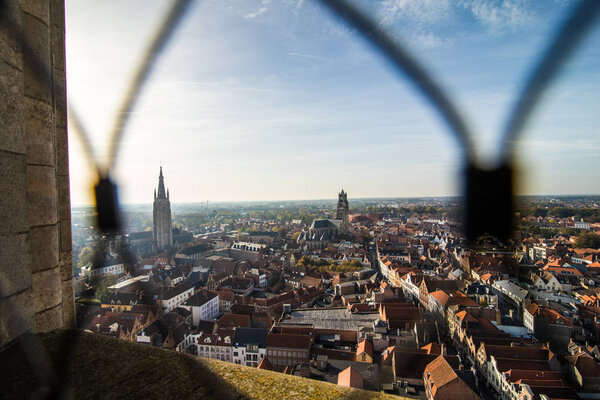 Brugge, Belgium - November, 2017.  Aerial Brugge medieval historic city. Brugge streets and historic center, canals and buildings. Brugge popular touristic destination of Belgium.