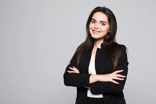 Portret van prachtige jonge zakenvrouw op grijze achtergrond — Stockfoto