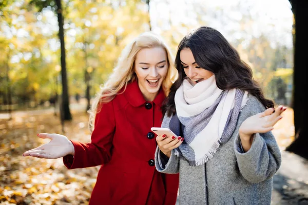 Euforisk vänner titta på videor på en smartphone och pekar på skärmen förvånad i höst park — Stockfoto