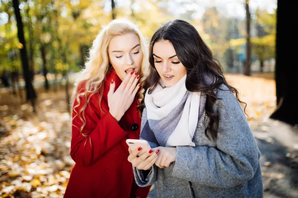 Två leende ung kvinna sitter i parken och titta på telefon — Stockfoto