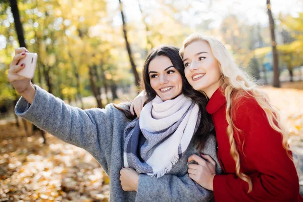 Duas adolescentes felizes tomando uma selfie no smartphone, ao ar livre no outono no parque — Fotografia de Stock