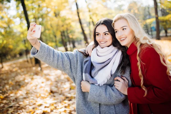 Duas adolescentes felizes tomando uma selfie no smartphone, ao ar livre no outono no parque — Fotografia de Stock