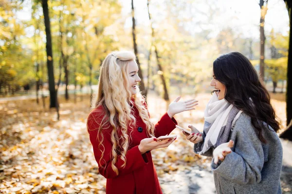 Retrato de duas mulheres rindo conversando ao ar livre no parque de outono — Fotografia de Stock