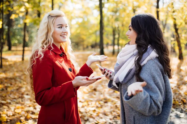 Porträt zweier lachender Frauen, die sich im herbstlichen Park unterhalten — Stockfoto