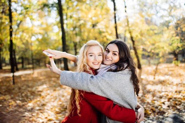 Menina abraçando seu melhor amigo no parque de outono — Fotografia de Stock