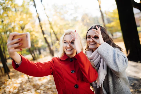 Freunde machen Selfie. zwei schöne junge Frauen machen Selfie im Herbstpark — Stockfoto