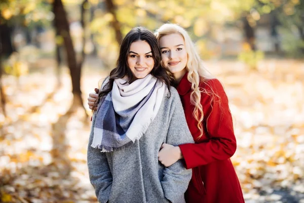 一个年轻女子在秋季公园与女友合影的全长画像 — 图库照片